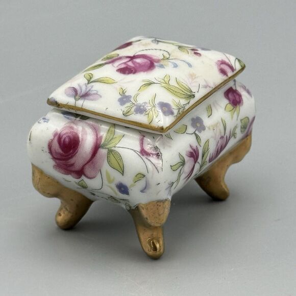 Vtg Footed Rectangle Trinket Box Lid Floral Vanity Glam Victorian Porcelain B141 - Picture 6 of 13